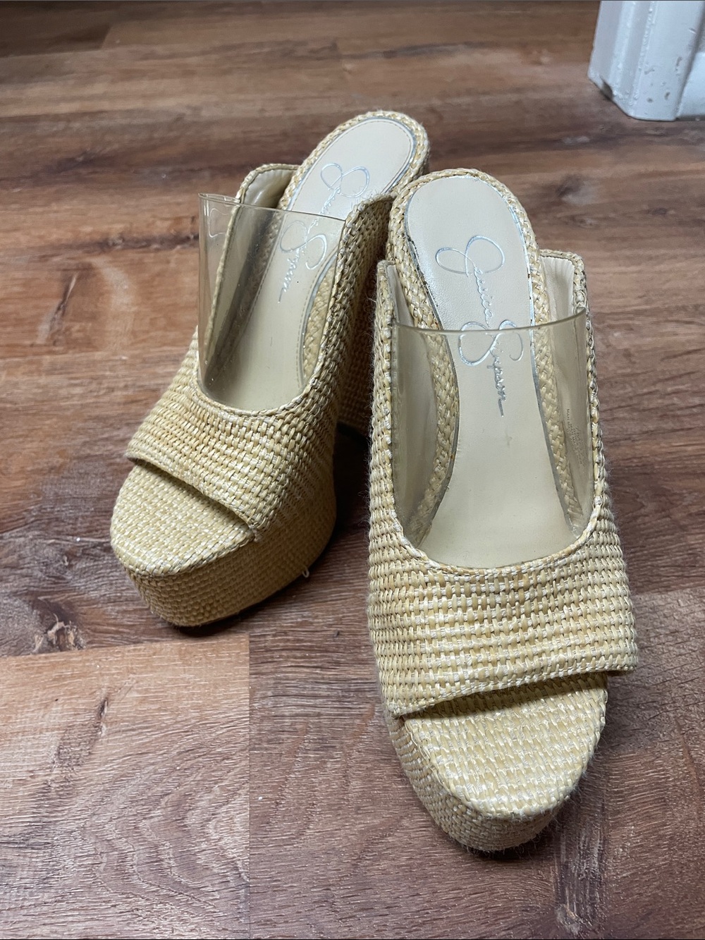 Jessica Simpson Natural Woven Platform Mules with Clear Strap